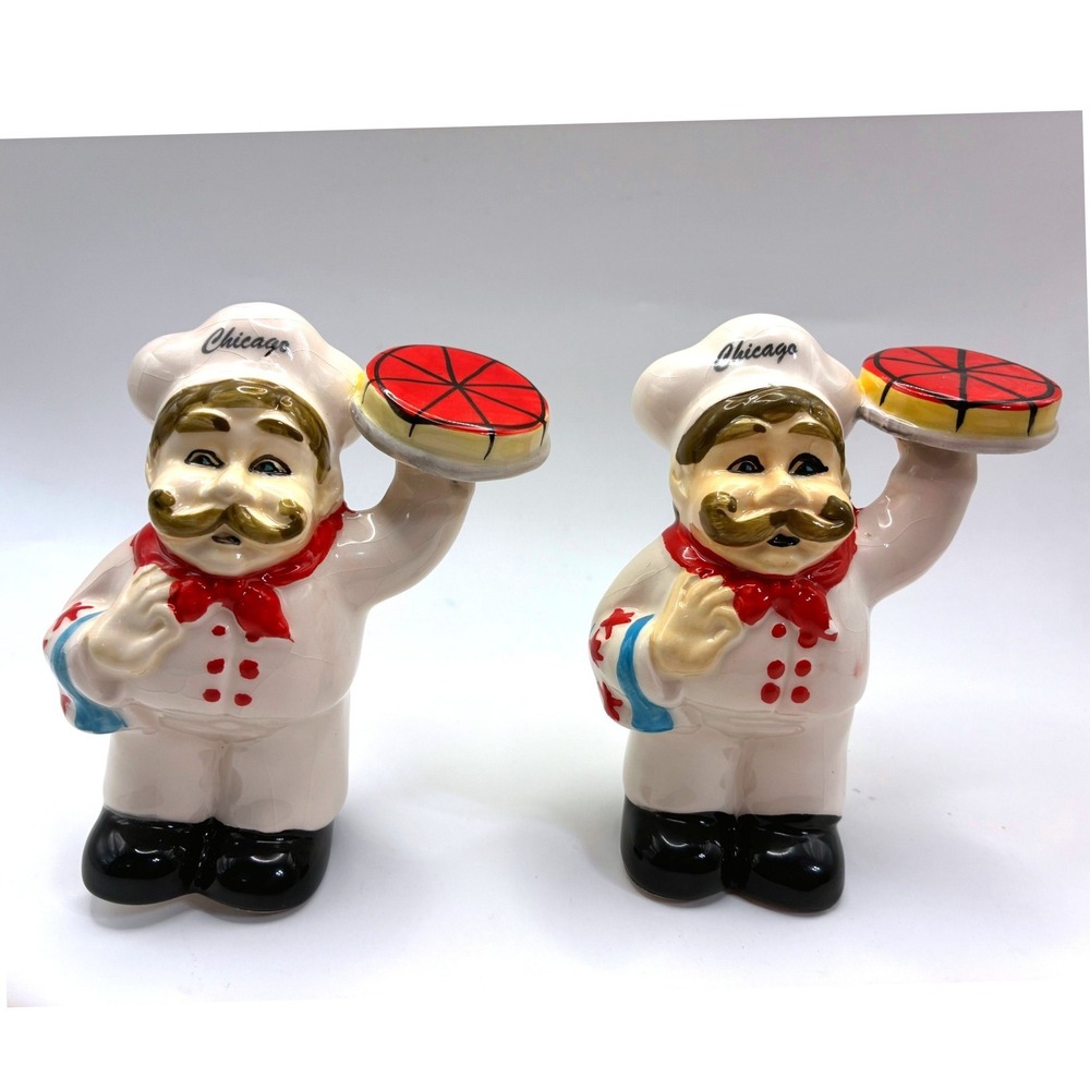 Chicago Pizza Chef Figural Ceramic Salt and Pepper Shakers White Red